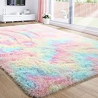 Rainbow Fluffy Rugs for Girls Bedroom, 4x6 Rug, Unicorn Room Decor,Pastel Area Rug for Kids, Shag Carpet for Nursery, Soft Play Mat for Baby, Fuzzy Rug for Living Room, Plush Throw Rug for Playroom