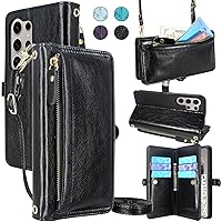 Lacass Crossbody Wallet Case for Galaxy S24 Ultra,[Cards Theft Scan Protection] Card Holder Zipper Flip Leather Cover Wrist Strap Stand for Samsung Galaxy S24 Ultra(Black)
