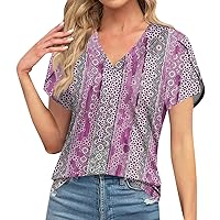 Boho Tops for Women Floral Print Casual Pretty Fashion Loose with Short Sleeve V Neck Flounce Blouses