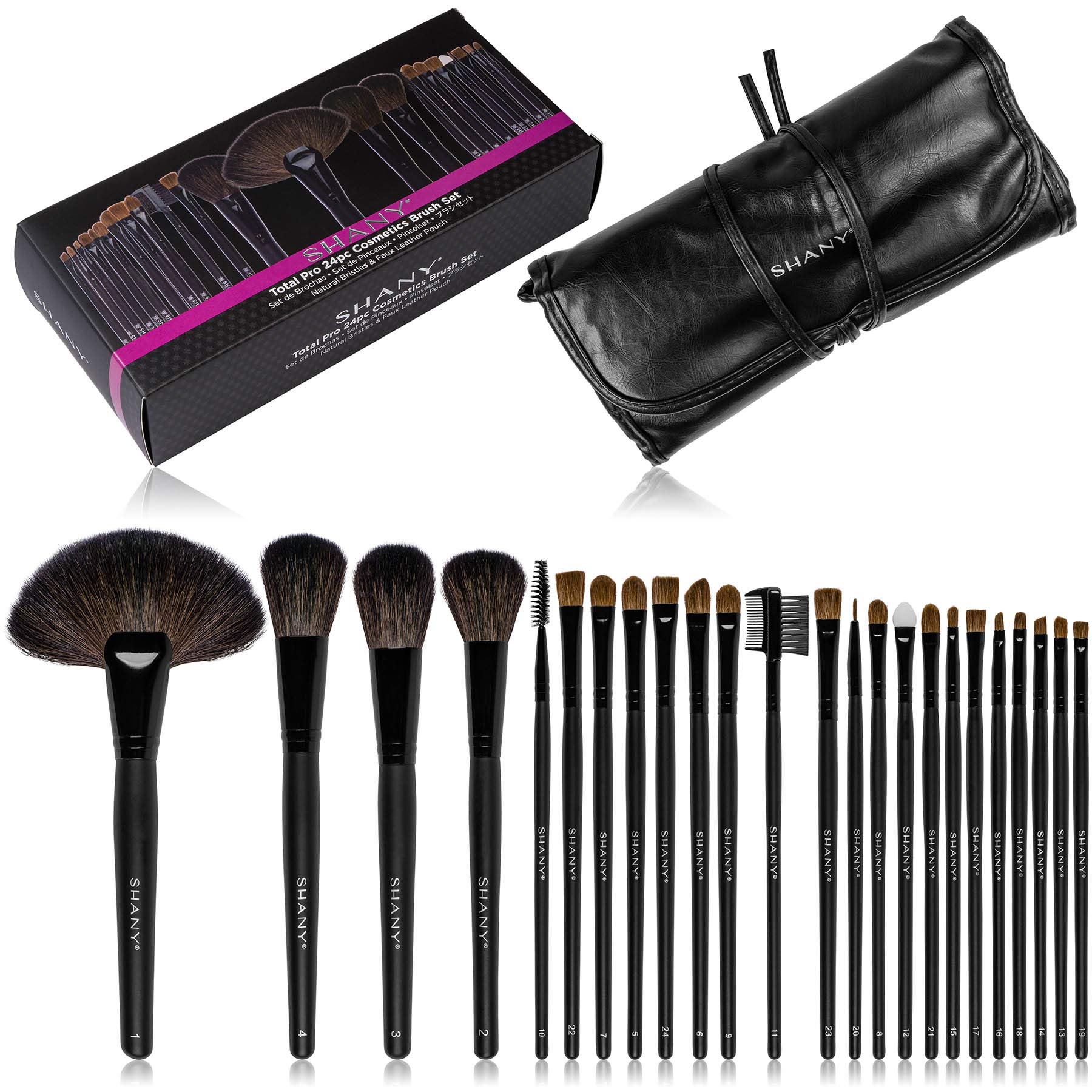 SHANY Studio Quality Natural Cosmetic Brush Set with Leather Pouch, 24 Count