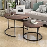 Industrial Round Coffee Table Set of 2 End Table for Living Room,Stacking Side Tables, Sturdy and Easy Assembly,Wood Look Accent Furniture with Metal Frame,Black+Rustic Brown