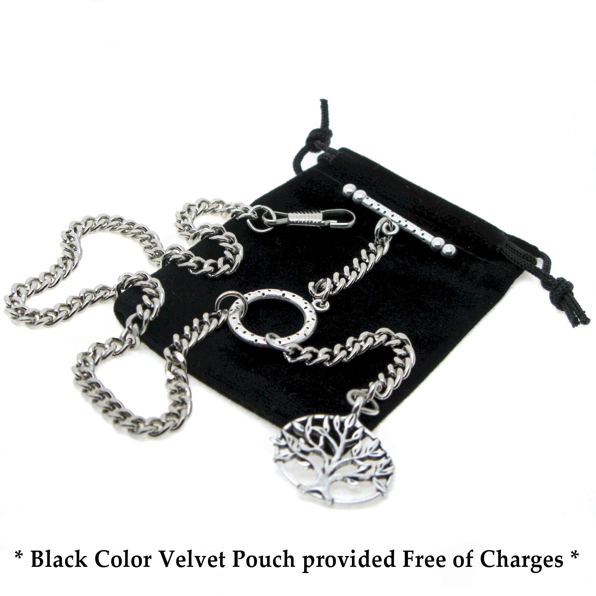 Albert Chain Pocket Silver Color Watch Chains for Men - 2 Ways Usage on Vests & Trousers or Jeans with Life Tree Design Fob T Bar ACT12