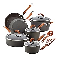Rachael Ray Cucina Dishwasher Safe Hard Anodized Nonstick Cookware Pots and Pans Set, 12 Piece, Gray with Orange Handles