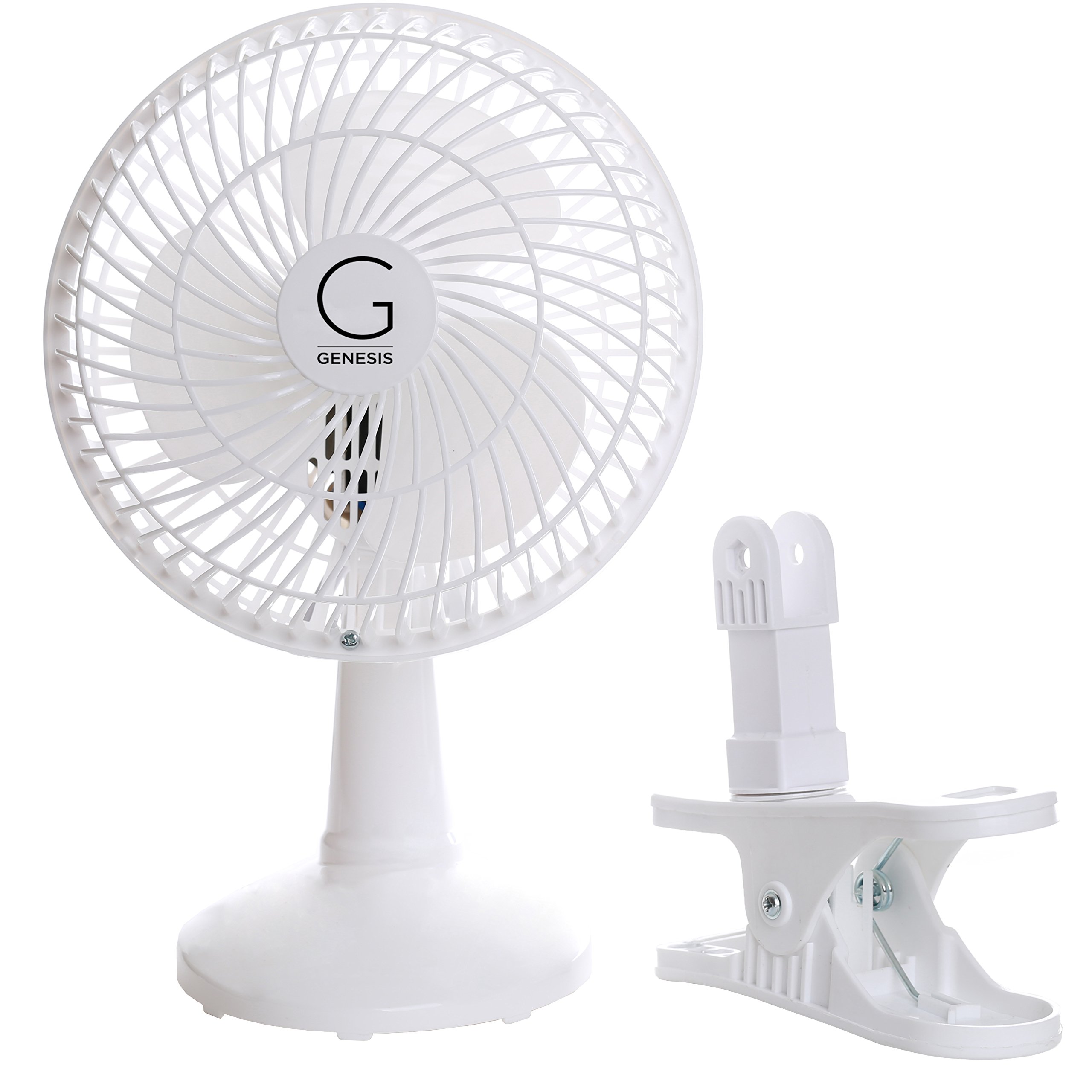 Genesis 6-Inch Clip Convertible Table-Top & Clip Fan Two Quiet Speeds - Ideal For The Home, Office, Dorm, More White