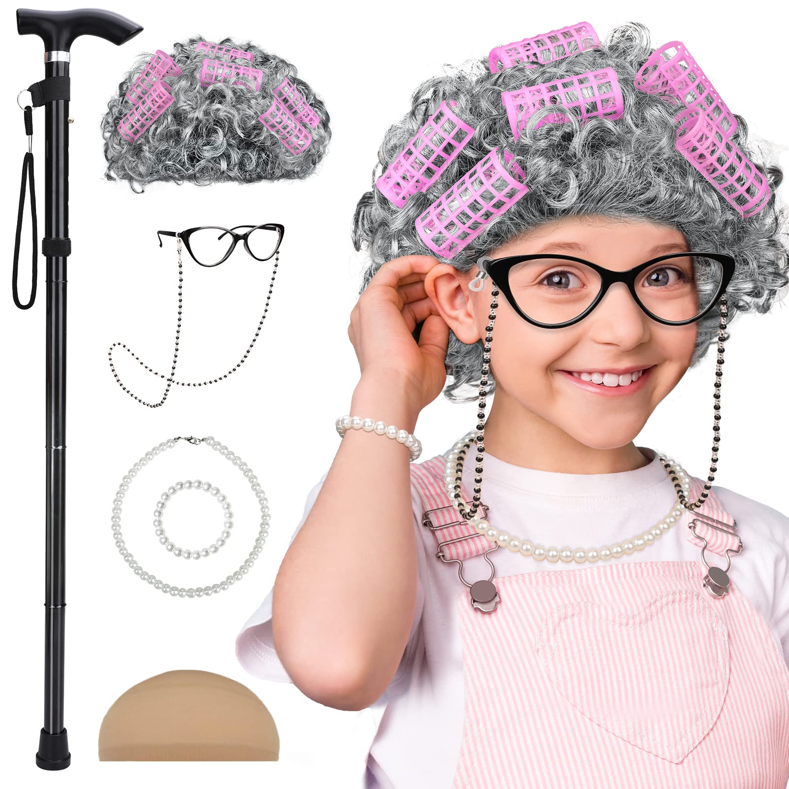 ZITURI Old Lady Costume for Kids - 100th Day of School Costume for Girls - Kids Old Lady Costume Set for Halloween Cosplay