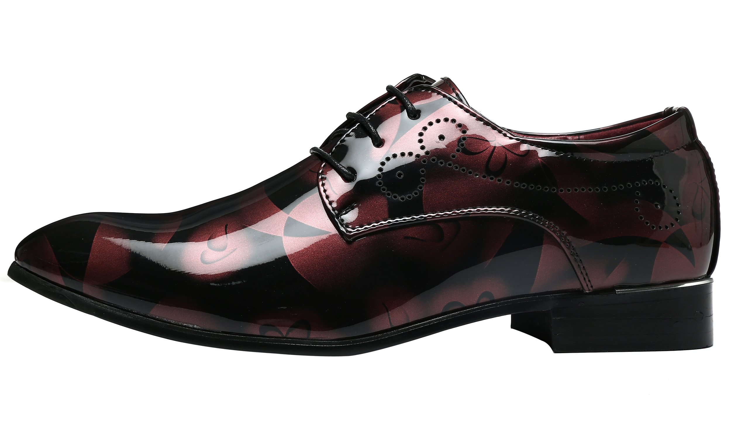 Men Fashion Shoes Dress Pointed Toe Floral Patent Leather Lace Up Oxford Black Brown Red Grey