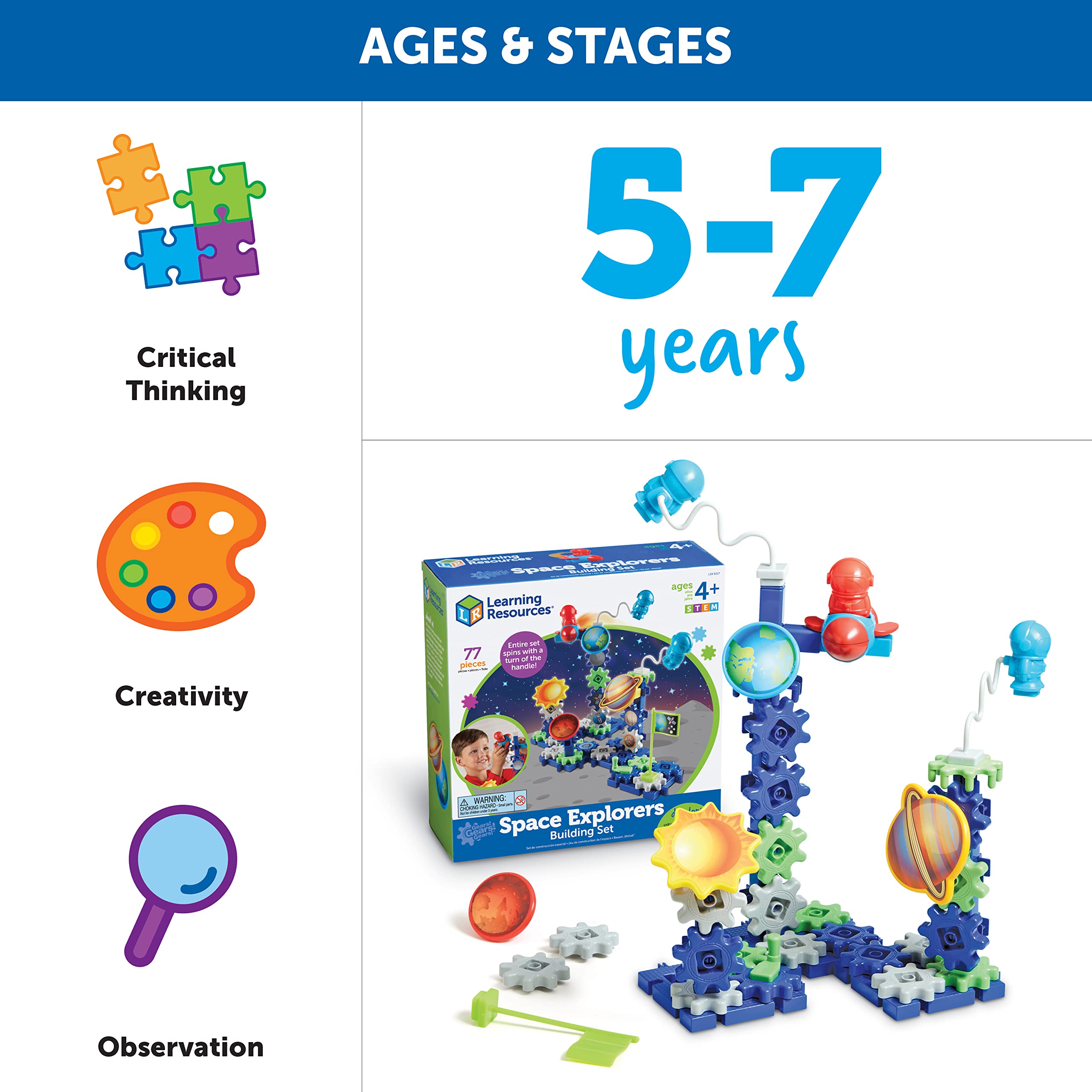Learning Resources Gears! Gears! Gears! Space Explorers Building Set, 77 Pieces, Ages 4+, Gears & Construction Toy, STEM Toys, Gears for Kids,Back to School Gifts