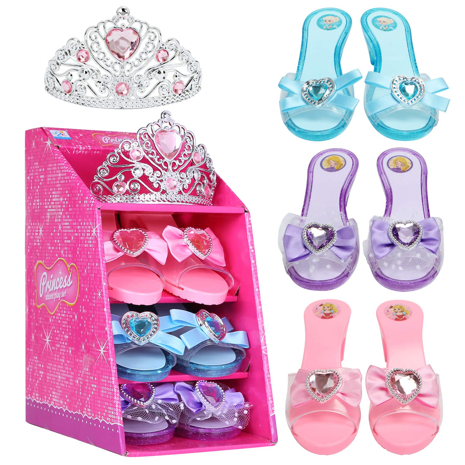 Mastom Girls Play Set! Princess Dress Up Shoes and Tiara (3 Pairs of Shoes + 1 Tiara) Role Play Collection Fashion Princess Shoes for Little Girls