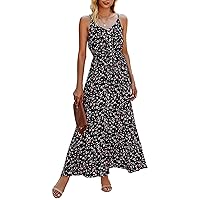 BTFBM Women 2024 Summer Spaghetti Strap V Neck Dress Polka Dot Floral Button Down Slit Sleeveless A-Line Maxi Dresses