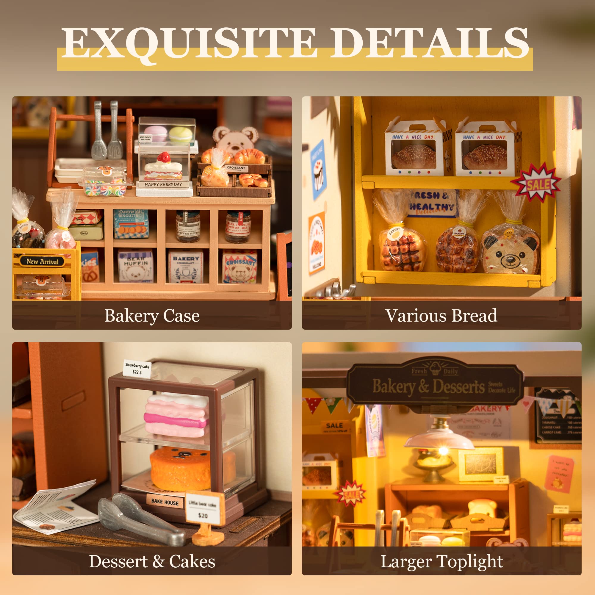 ROBOTIME Miniature House Kit Tiny Store Making Kit Becka's Baking House & Wooden Music Box 3D Puzzles Book Nook DIY Model Kits Sunset Carnival