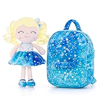 Gloveleya Toddler Backpack Baby Girl Gifts Plush Curly Girl Doll Backpacks Blue Dress with Glitter Stars 9 inches