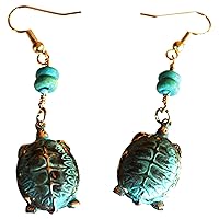 Elaine Coyne Wearable Art Verdigris Patina Solid Brass Sea Turtle Dangle Earrings - Turquoise
