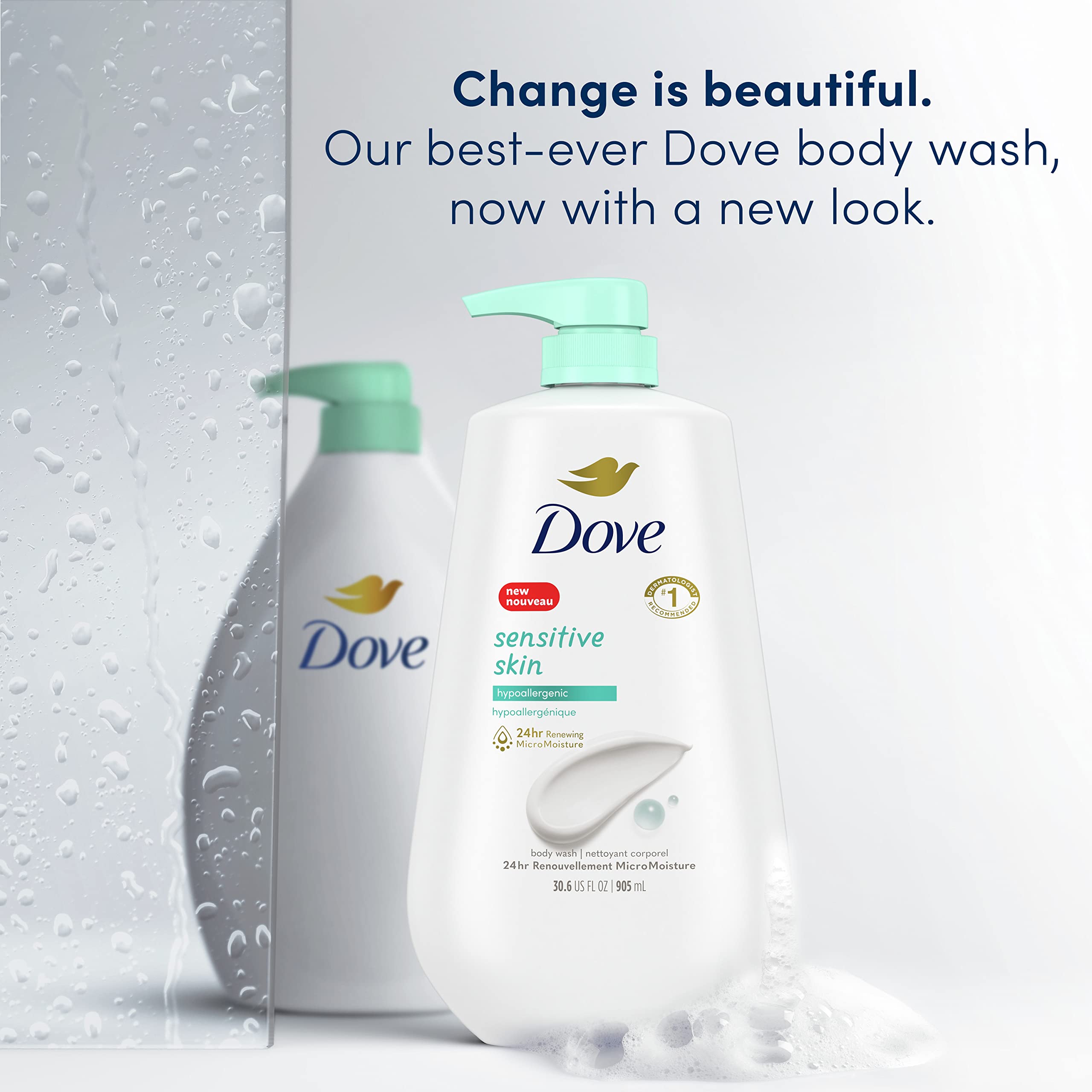 Dove Body Wash with Pump Sensitive Skin Hypoallergenic, Paraben-Free, Sulfate-Free, Cruelty-Free, Moisturizing Skin Cleanser Effectively Washes Away Bacteria While Nourishing Skin, 30.6 Oz (Pack of 3)
