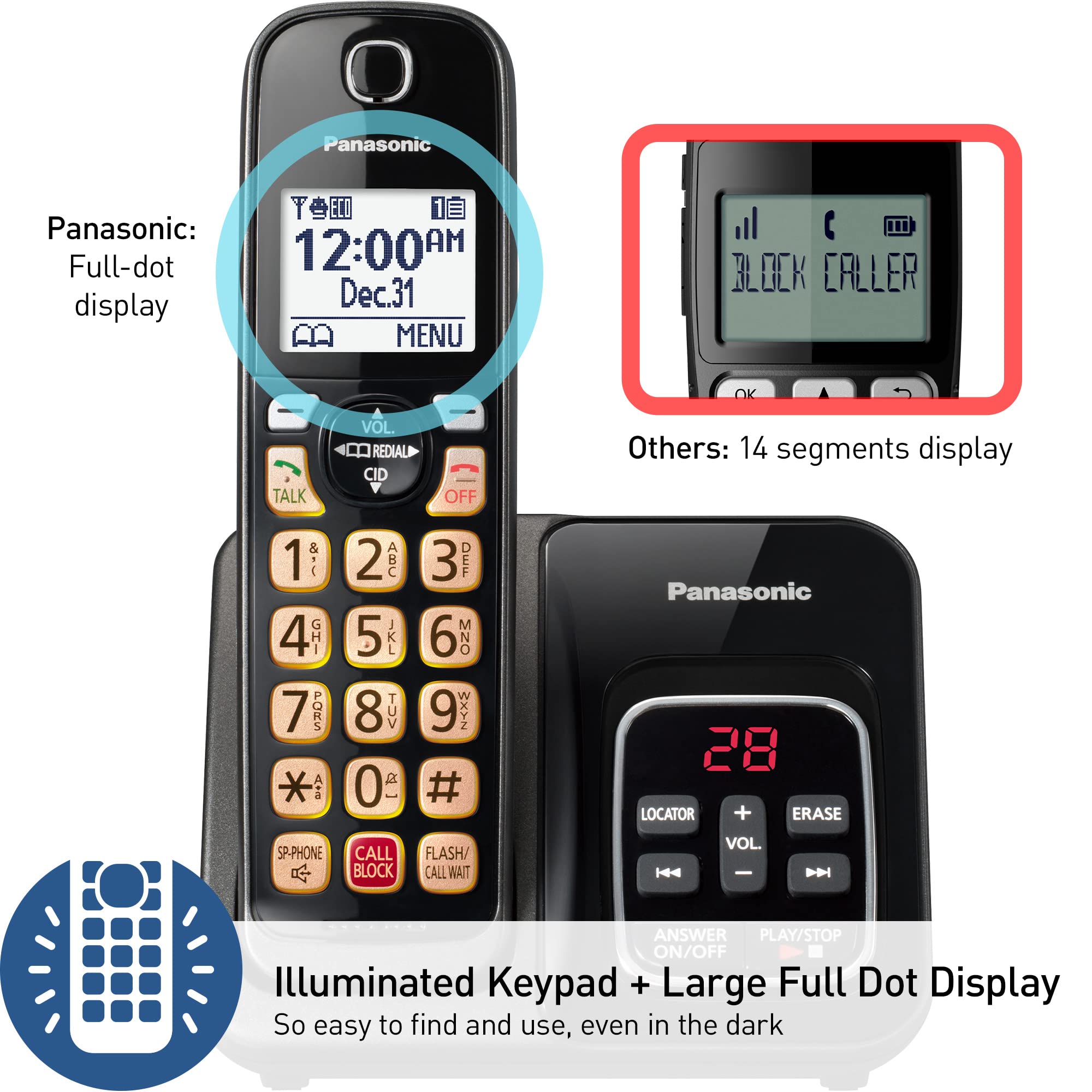 Panasonic Cordless Phone with Answering Machine, Advanced Call Block, Bilingual Caller ID and Easy to Read High-Contrast Display, Expandable System with 2 Handsets - KX-TGD832M (Metallic Black)