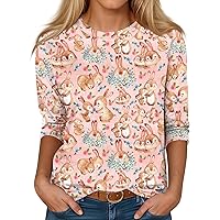 Easter Shirts for Women,3/4 Length Sleeve Womens Tops 3D Simulated Rabbit Print Round Neck Shirt Going Out Tops for Women