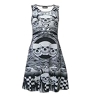 Women’s Gothic Flames Skulls Snakes Chequer Halloween Print Skater Flare Dress