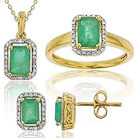 Sterling Silver 1 Micron 14ky Gold Plating Round Cubic Zirconia & Emerald Cut Emerald Ring/Earring/Pendant Halo Set