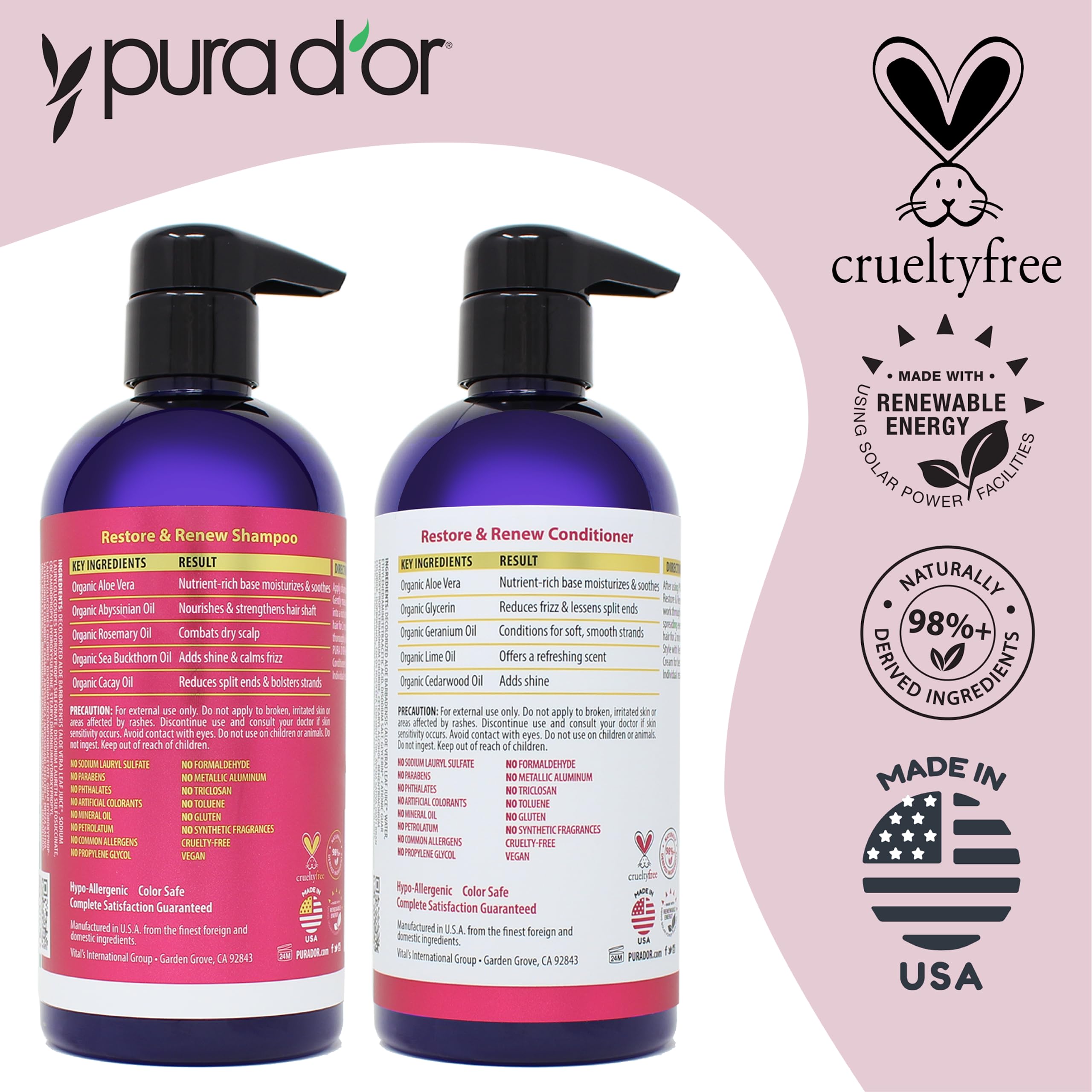PURA D'OR Restore & Renew Shampoo and Conditioner Set For Strong, Healthy, and Nourished Hair with Organic Aloe Vera, Rosemary Oil, Sea Buckthorn, Cacay Oil, Coconut Oil, Seaberry Oil & Cedarwood Oil
