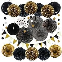 ZERODECO Party Decoration, 21 Pcs Black and Gold Hanging Paper Fans, Pom Poms Flowers, Garlands String Polka Dot and Triangle Bunting Flags for Birthday Parties Wedding Décor, Table & Wall Decorations