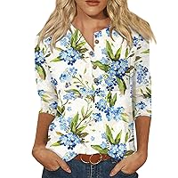 Womens 3/4 Sleeve Tops Casual 3/4 Length Sleeve Womens Tops 2024 Casual Trendy Print Loose Fit with Henry Collar Oversized Tunic Shirts Green X-Large