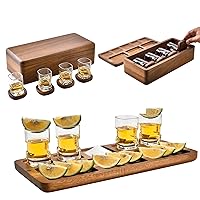 Tequila Shot Glasses with Luxury Acacia Wood Storage Box, Wooden Drink Coasters, and Vintage Serving Tray for Salt, Lemon, and Bar Nuts, Decorative Home Gift Bundle for Men, Women