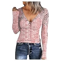 Women's Long Sleeve Henley Shirt Sexy Floral Scoop Neck T-Shirts Slim Fit Button Ribbed Blouses Casual Daily Tops