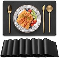 PVC Heat Resistant Placemats Set of 8, Waterproof Wipeable Floor Place Mats, Non-Slip Easy Clean Table Mats for Kitchen Table Decor, 12x18 Inch (Black)