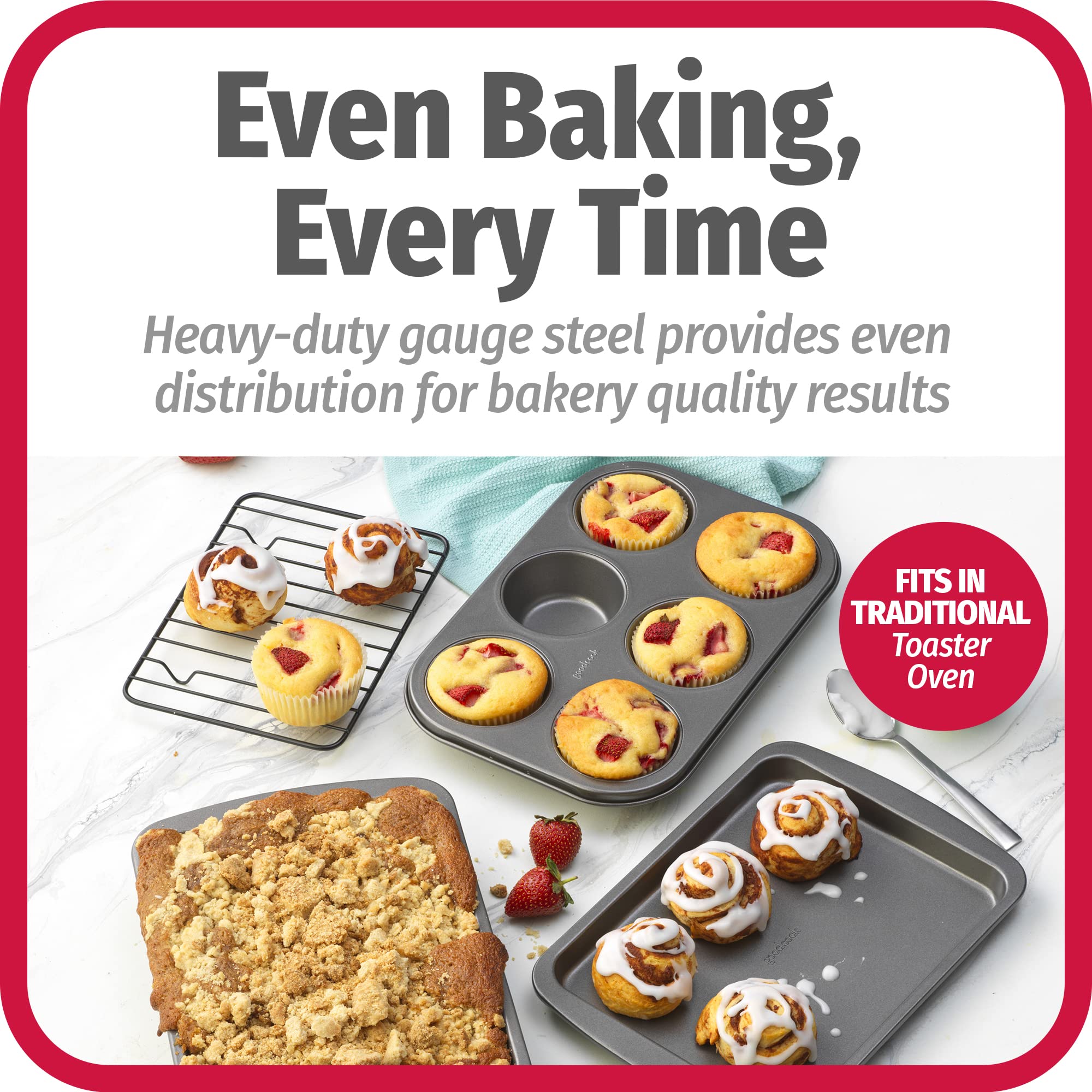 GoodCook 4-Piece Nonstick Steel Toaster Oven Set with Sheet Pan, Rack, Cake Pan, and Muffin Pan, Gray (4220)