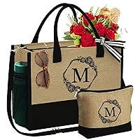 Gifts for Women - Mothers Day Gifts, Graduation Gifts, Teacher Appreciation Gifts, Initial Jute Tote Bag & Makeup Bag