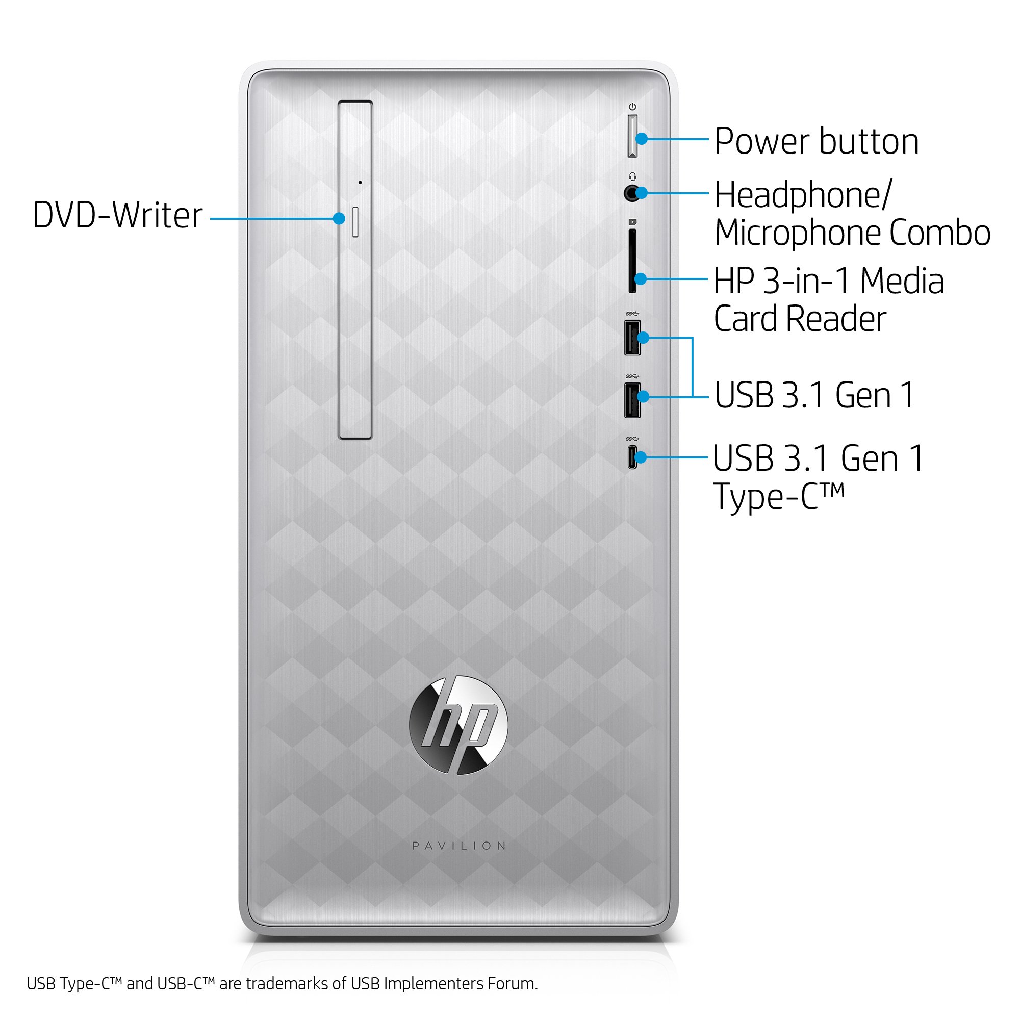 HP Pavilion Desktop Computer, Intel Core i7-8700, 12GB RAM, 1TB Hard Drive, Windows 10 (590-p0070, Silver)