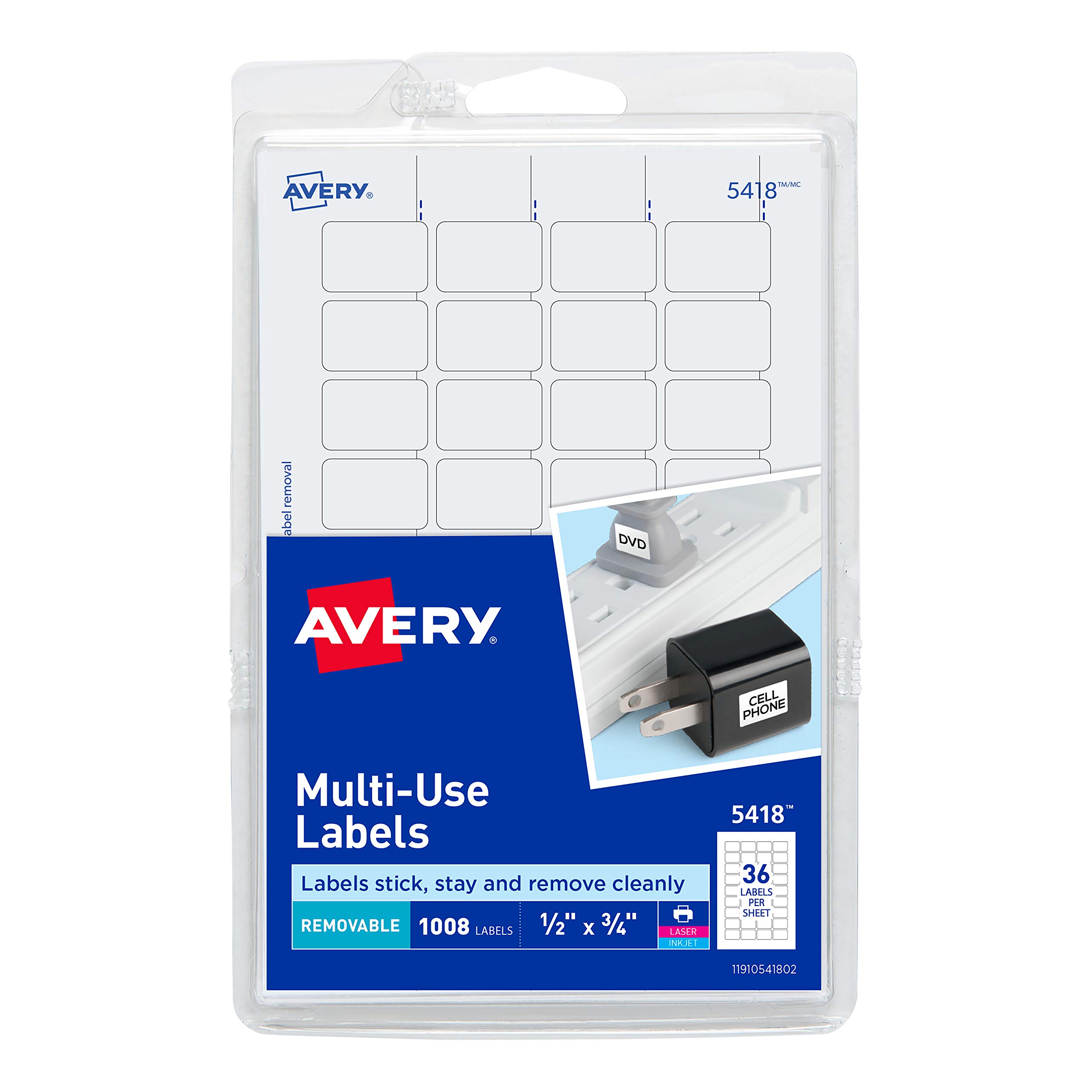 Avery Removable Print or Write Labels, White, 0.5 x 0.75 Inches, Pack of 1008 (5418)