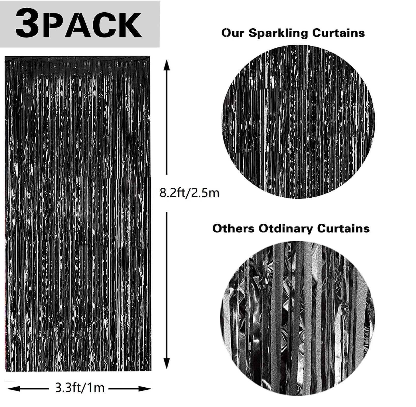 3 Pack Black Metallic Tinsel Foil Fringe Curtains Backdrop，3.3 ft x 8.2 ft Black Foil Fringe Curtains Decorations，for Photo Background Party Decorations,Graduation Decorations