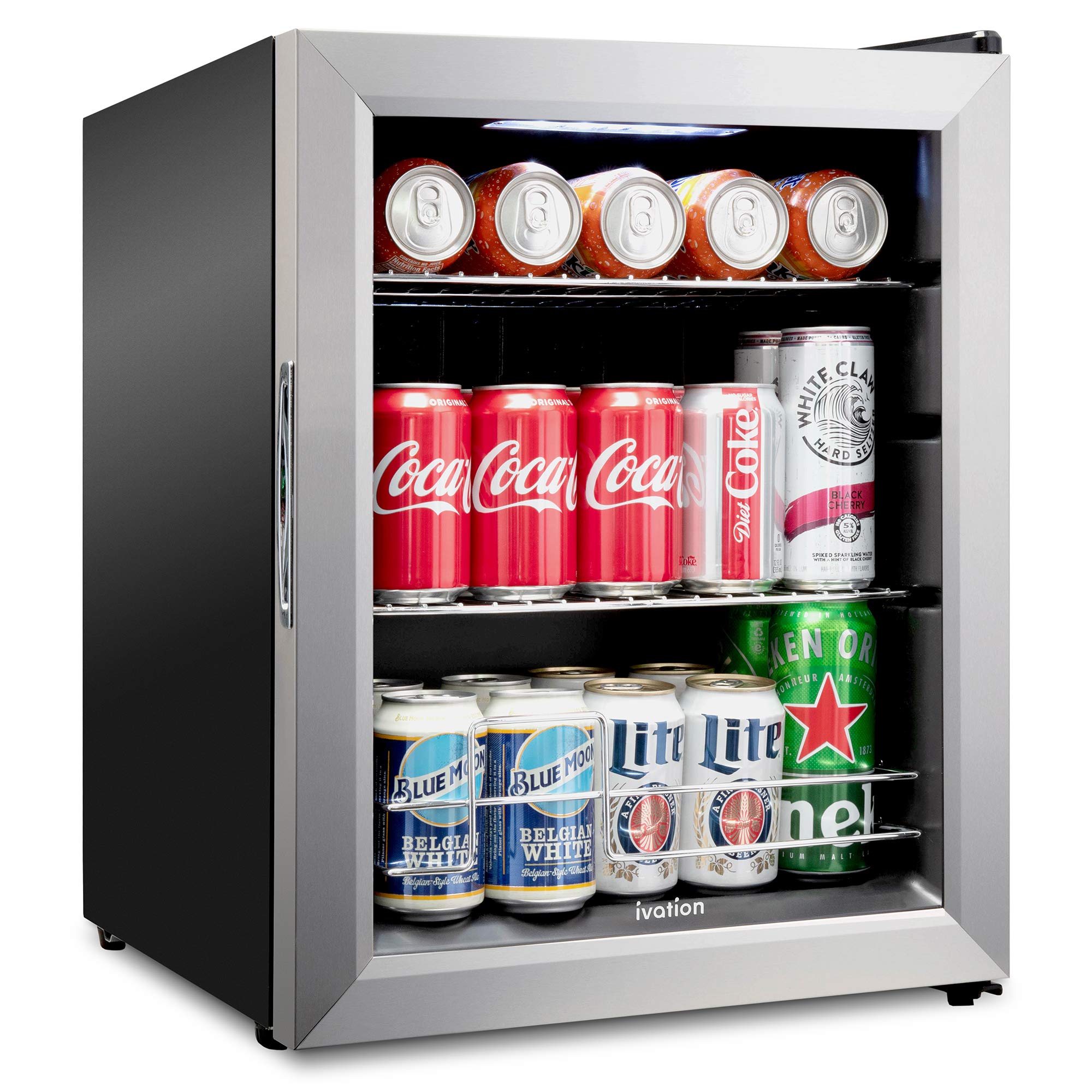 Ivation 62 Can Beverage Refrigerator | Freestanding Ultra Cool Mini Drink Fridge | Beer, Cocktails, Soda, Juice Cooler for Home & Office | Reversible Glass Door & Adjustable Shelving - Stainless Steel