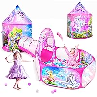 3 in 1 Kids Play Tent for Toddler with Play Tunnel+Baby Ball Pit+Castle Tent, Pop Up Unicorn Kids Playhouse for Boys and Girls Gift, Collapsible Children Play Tent Toy Indoor and Outdoor Play Games