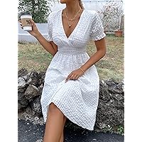 Women's Dress Dresses for Women Gingham Puff Sleeve Shirred Waist Dress (Color : White, Size : Medium)