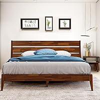 Acacia Emery Wooden Platform Bed Frame with Nightstand Set, Solid Wood Bed Frame Headboard + Bedroom Side Table Ready Assemble, King, Walnut