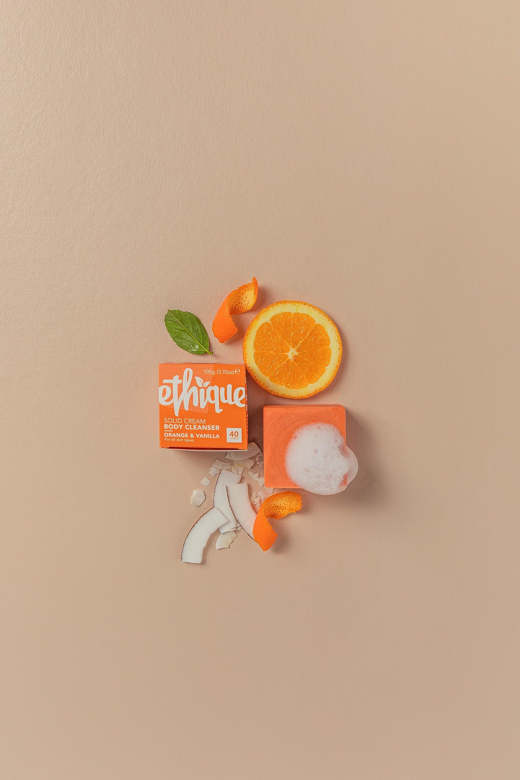 Ethique Sweet Orange & Vanilla Cream Solid Natural Bodywash Soap for Sensitive Skin - Super Hydrating & pH Balanced - Plastic-Free, Vegan, Cruelty-Free, 3.7 oz