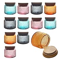 Mini Glass Jars with Reusable Bamboo Lids, 12 pack 4oz Mixed Color Embossed, Home Décor Food Storage Candle Parties Wedding Baby Shower Favors Gift