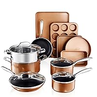 GOTHAM STEEL Copper Cast Cookware & Bakeware Ultra Nonstick Durable Coating – Includes Fry, Stock Pots Baking Pans, 15 Piece Set, Brown