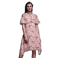 Bimba Moss Georgette Printed Women’s Chic Style Cold Shoulder Tunic Party Knee Long Shift Dress
