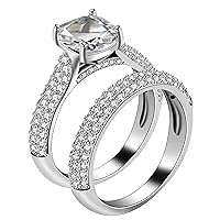 Uloveido 2 PCS Platinum Plated Square Zirconia Cushion Halo Engagement Wedding Ring Set for Women Y591
