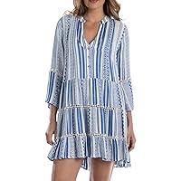 Geometric Tiered Cover-Up Dress M, Blue/White