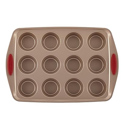 Rachael Ray Cucina Nonstick Bakeware Set Baking Cookie Sheets Cake Muffin Bread Pan, 10 Piece, Latte Brown with Cranberry Red Grips