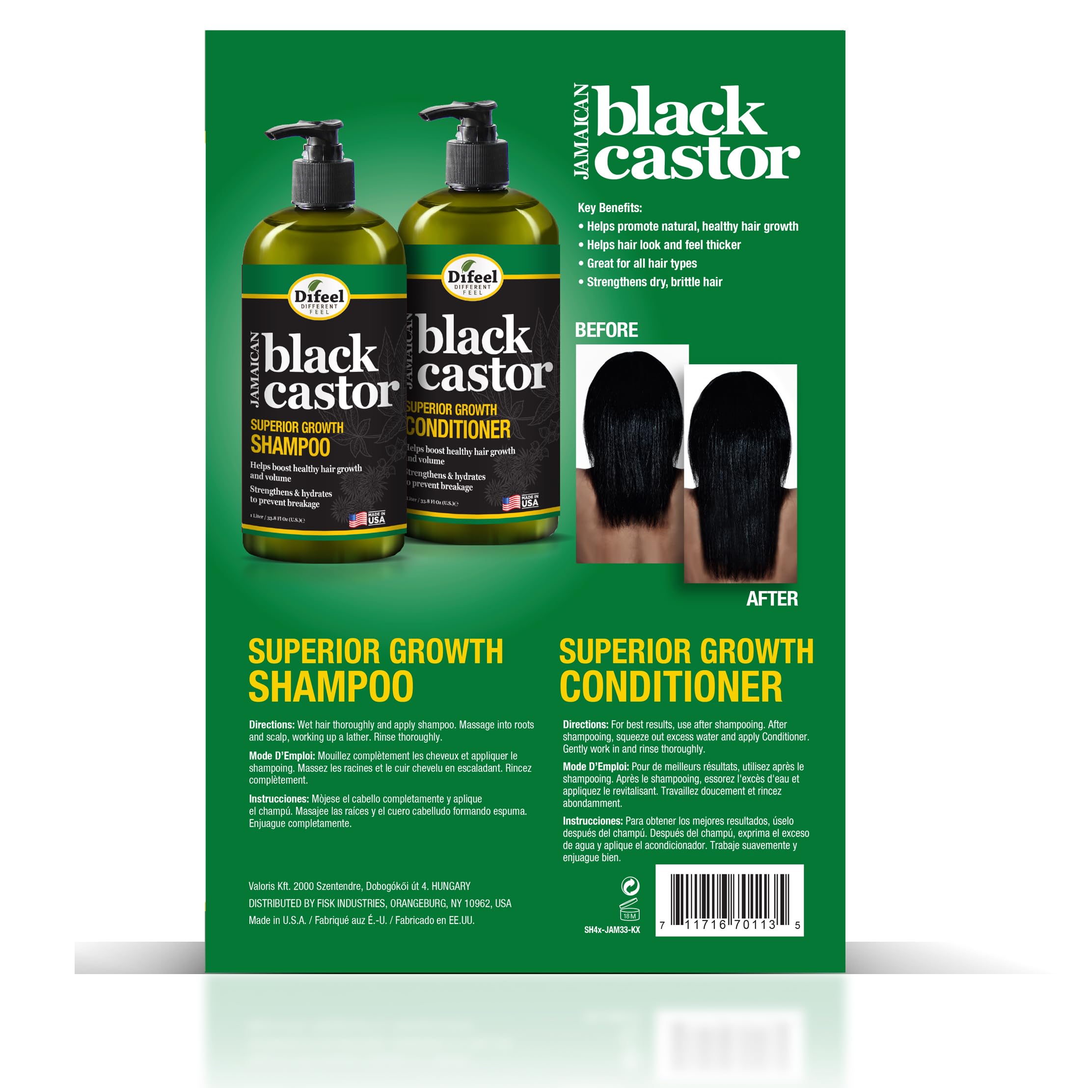 Difeel Jamaican Black Castor 2-PC Shampoo 33.8oz and Conditioner 33.8oz Gift Box - Shampoo & Conditioner Boxed Gift Set, Sulfate Free & Paraben Free