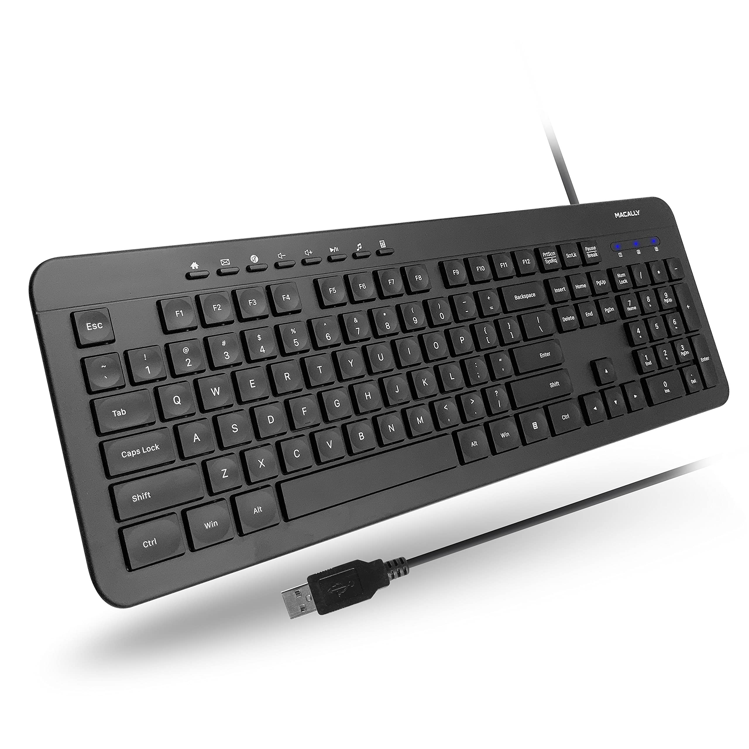 Macally Wired Keyboard, Full Sized Ergonomic Computer Keyboard Wired - Slim External Keyboard for Laptop and Desktop - USB Keyboard with Numeric Keypad - Windows PC Keyboard for Office and Home