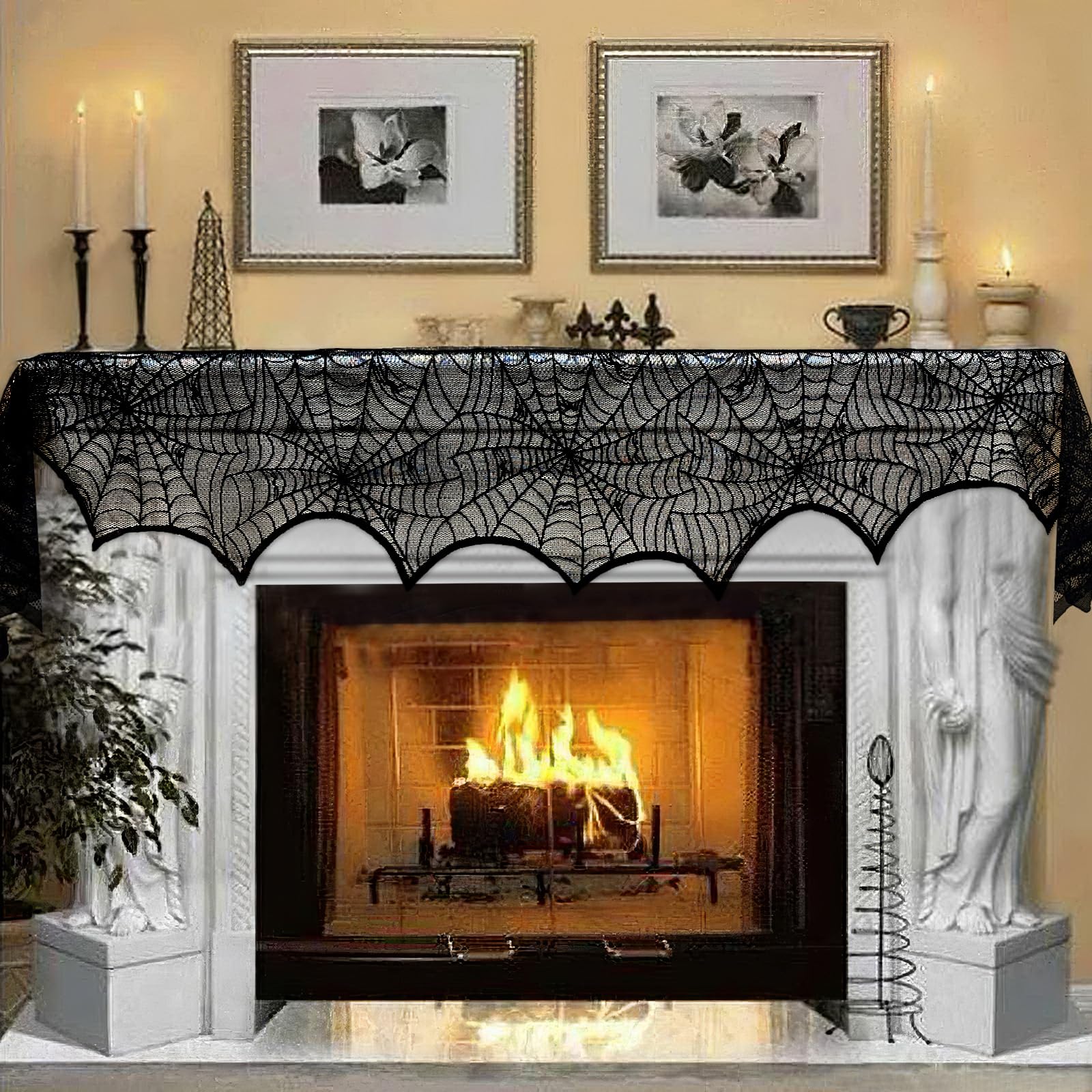 AerWo Halloween Decorations Black Lace Spiderweb Fireplace Mantle Scarf Cover for Halloween Mantle Decor Festive Party Supplies,18 x 96 inch
