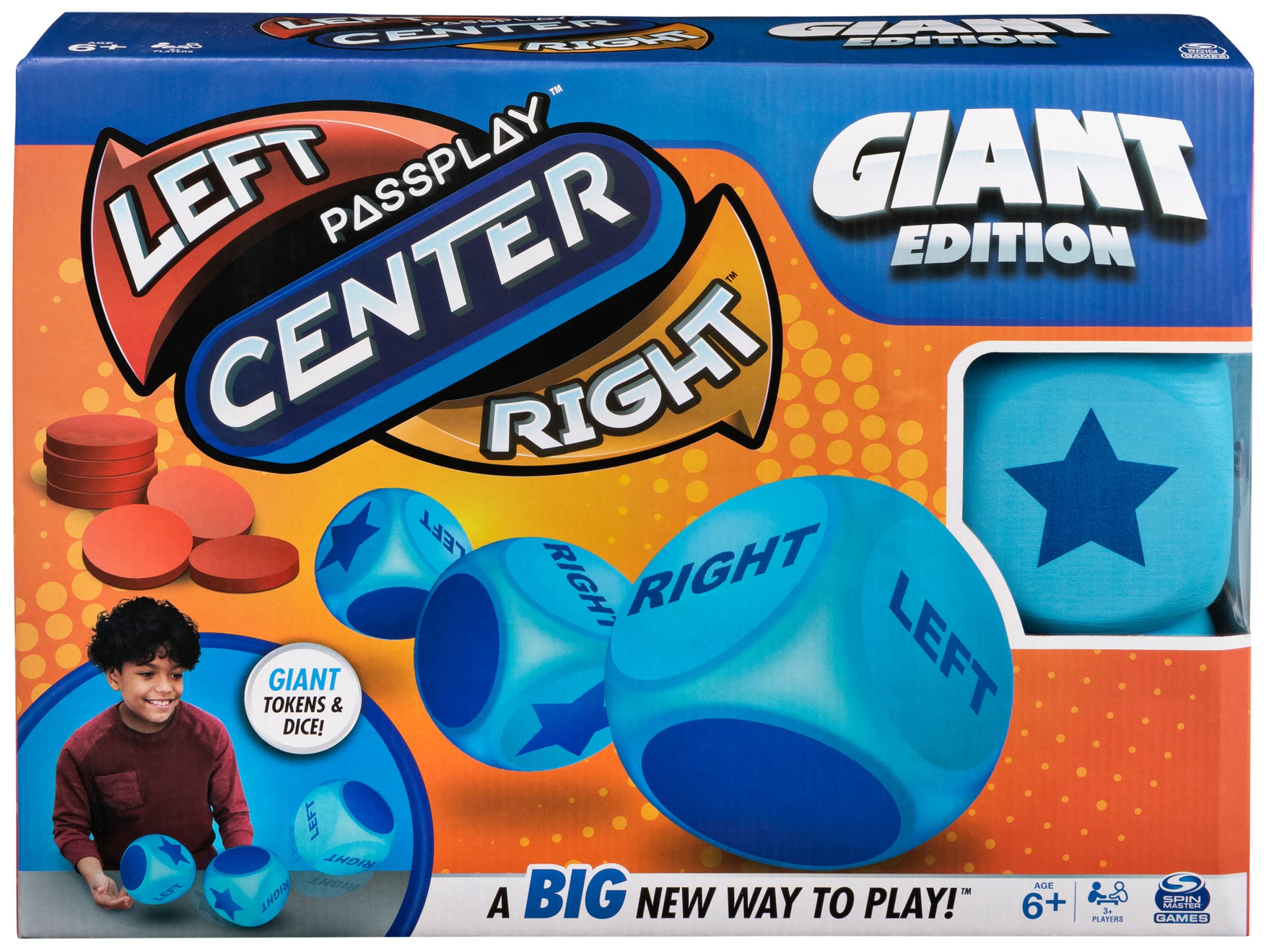 Giant Left Center Right, Classic Family Board Game Summer Toy with Big, Oversized Dice & Tokens, for Kids and Adults Ages 6 and up