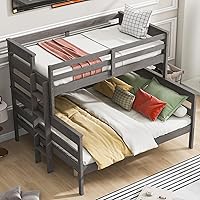 Wooden Twin XL Over Queen Bunk Bed with Ladder and Full Length Guardrails, Solid Wood Low Bunkbeds, can be Convertible into Two Platform Bedframe, for Kids Teens Bedroom, Gray