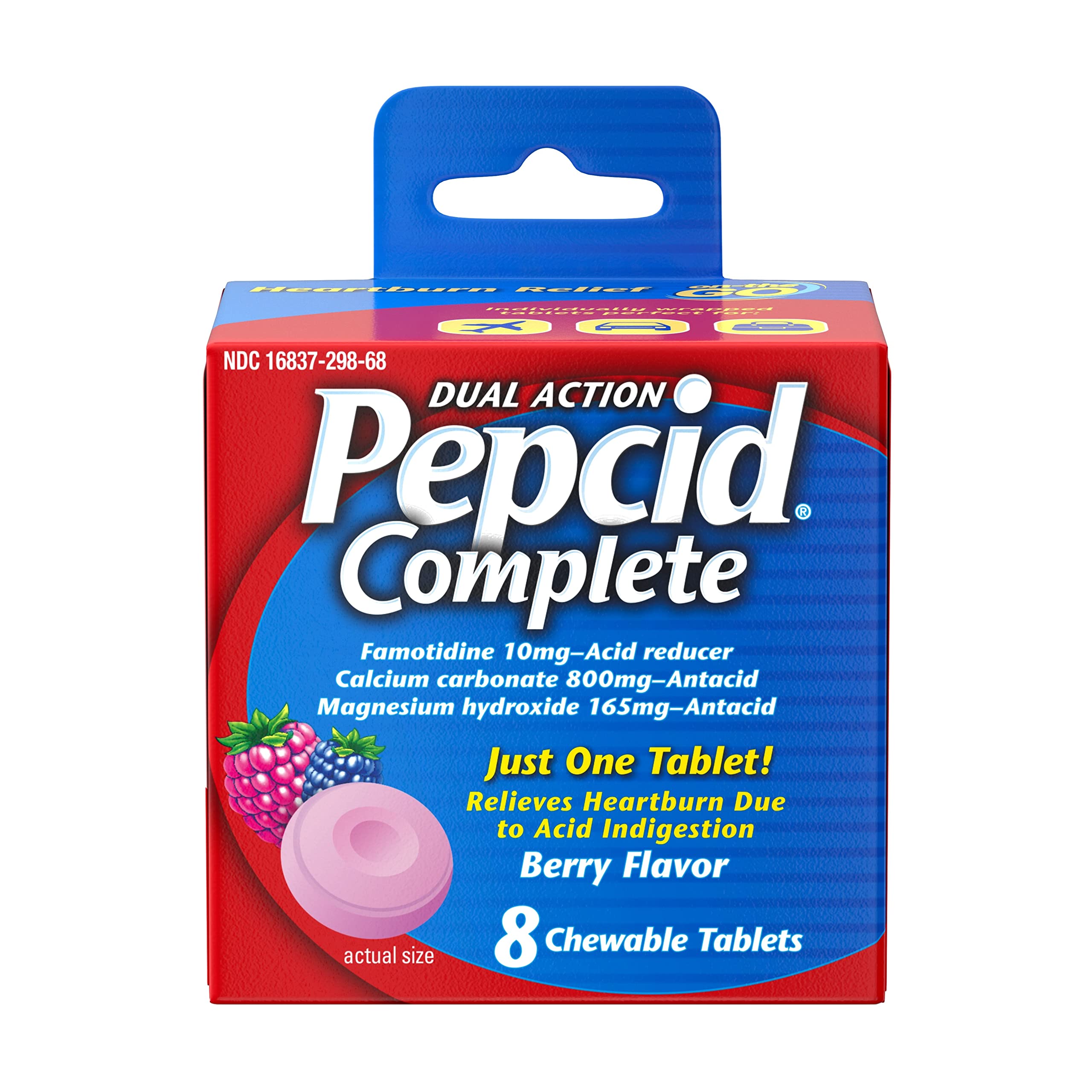 Pepcid Complete Dual Action Acid Reducer + Antacid Chewable Tablets, Berry Flavor, 8 ct.