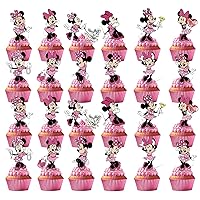 48Pcs Minnie Cupcake Toppers Minnie Birthday Party Supplies Pink Girl Theme Party Cake Decorations